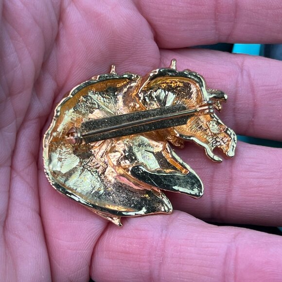 Vintage Gold Tone & Black Enamel Horse Head Brooch Pin Rhinestone Eyes Mane - Picture 6 of 10